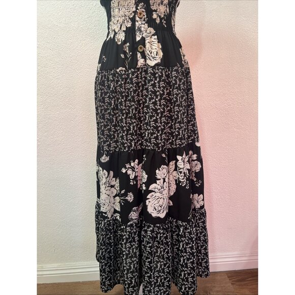 Lapis tiered Y2K maxi Dress S Black White Floral Cottagecore Boho Empire Waist - Picture 4 of 15